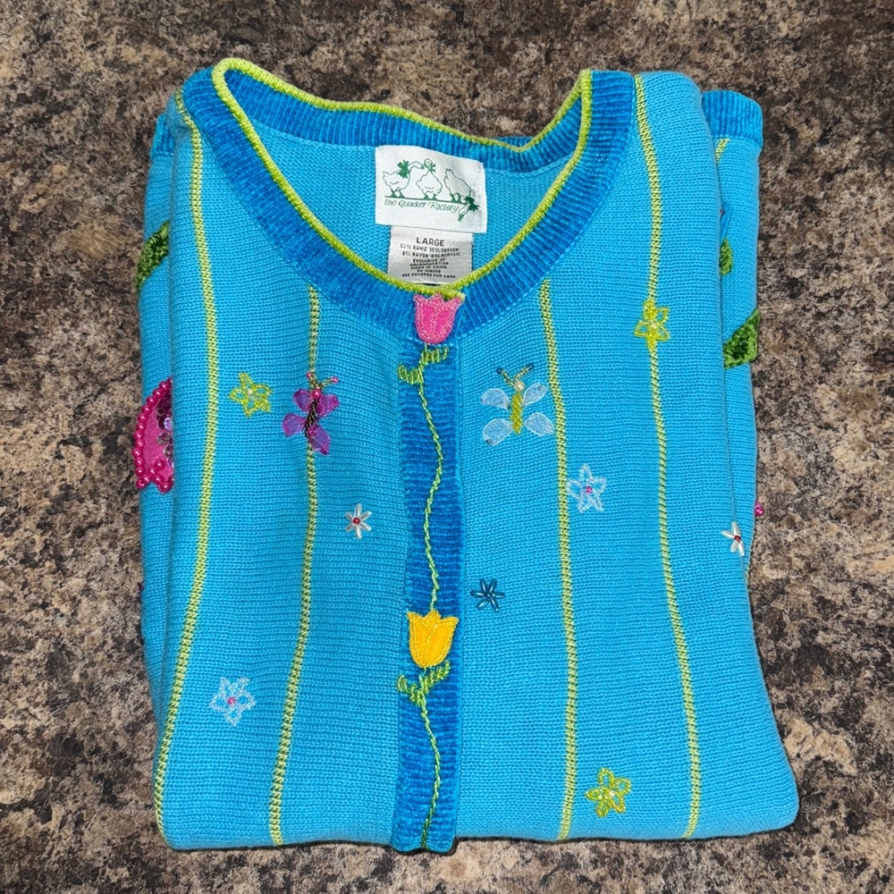 Vintage The Quaker Factory Blue Hand Embroidered Beaded Flowers Bunny Cardigan L - Picture 16 of 16